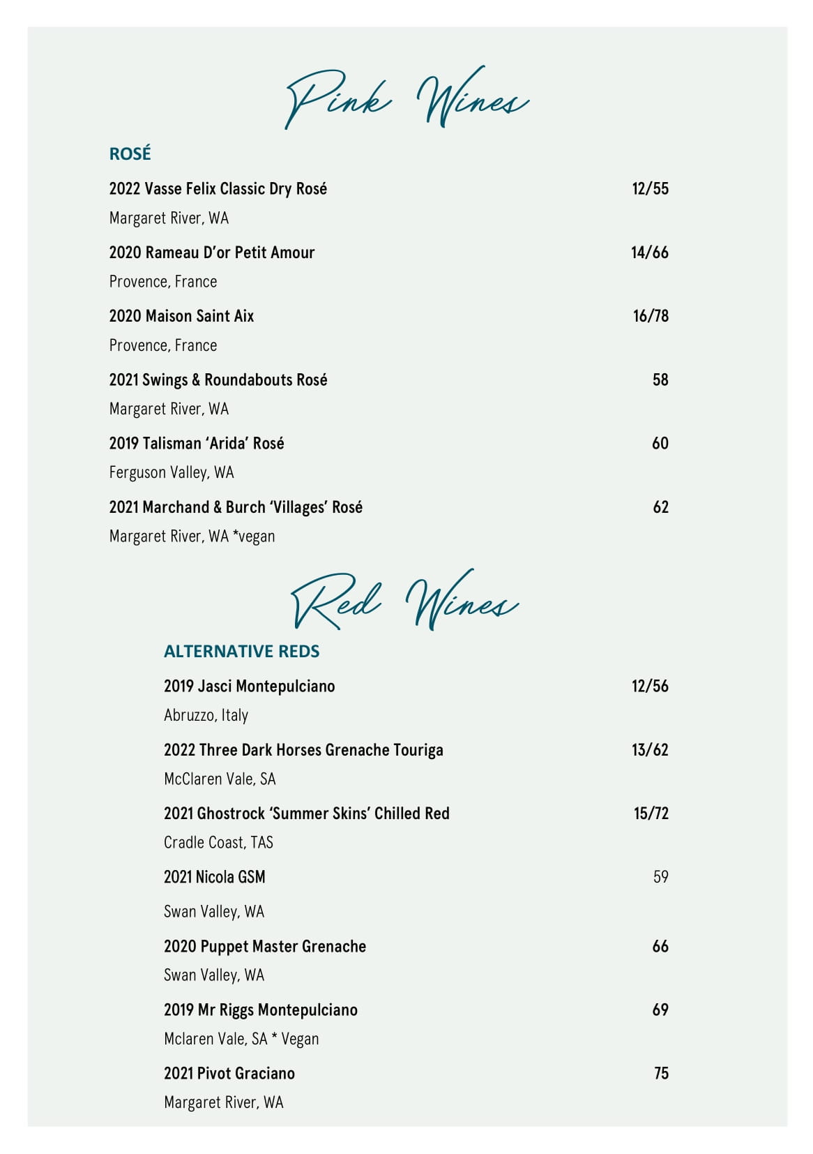 Drinks menu Bib & Tucker