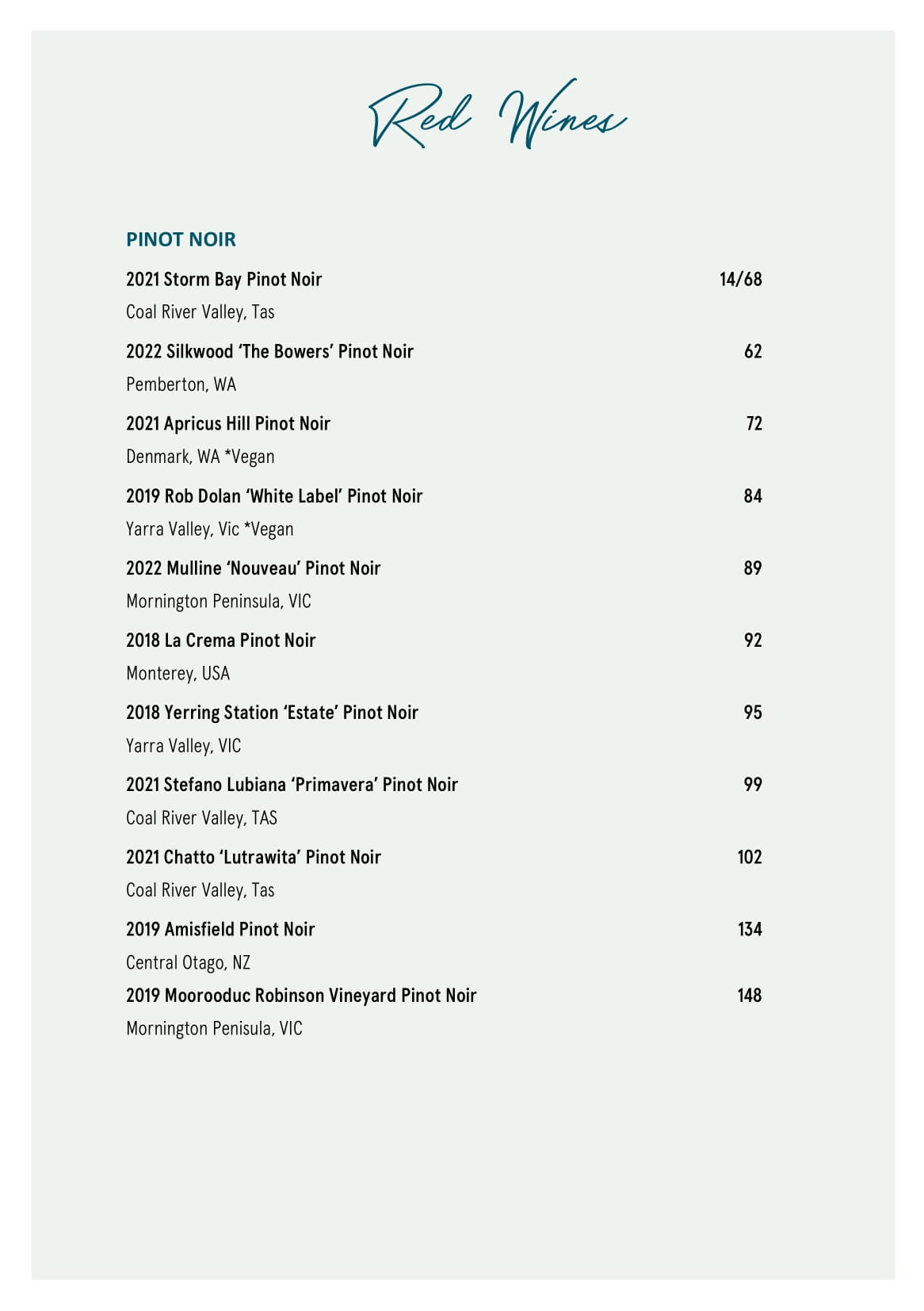 Drinks menu Bib & Tucker