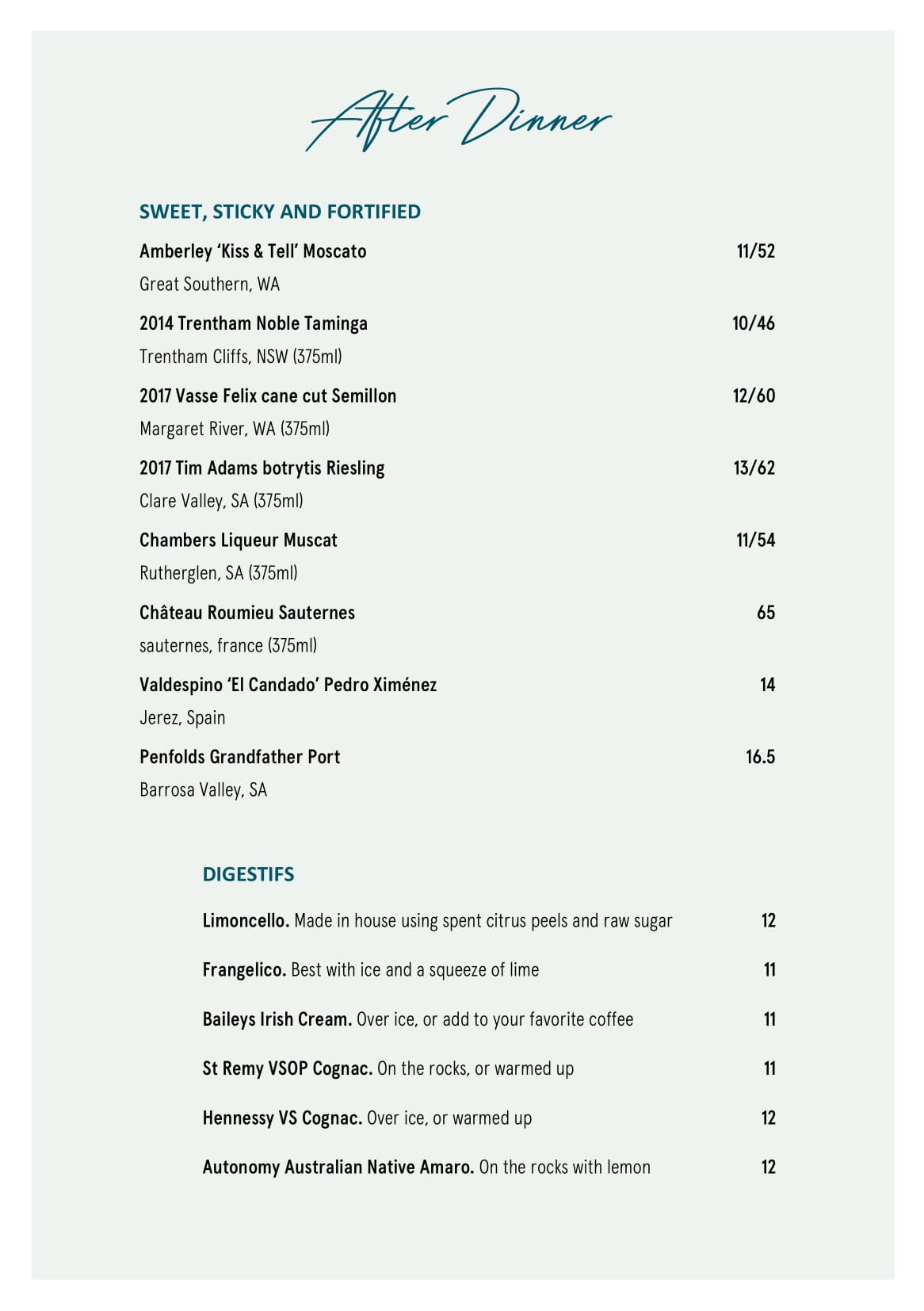 Drinks menu Bib & Tucker