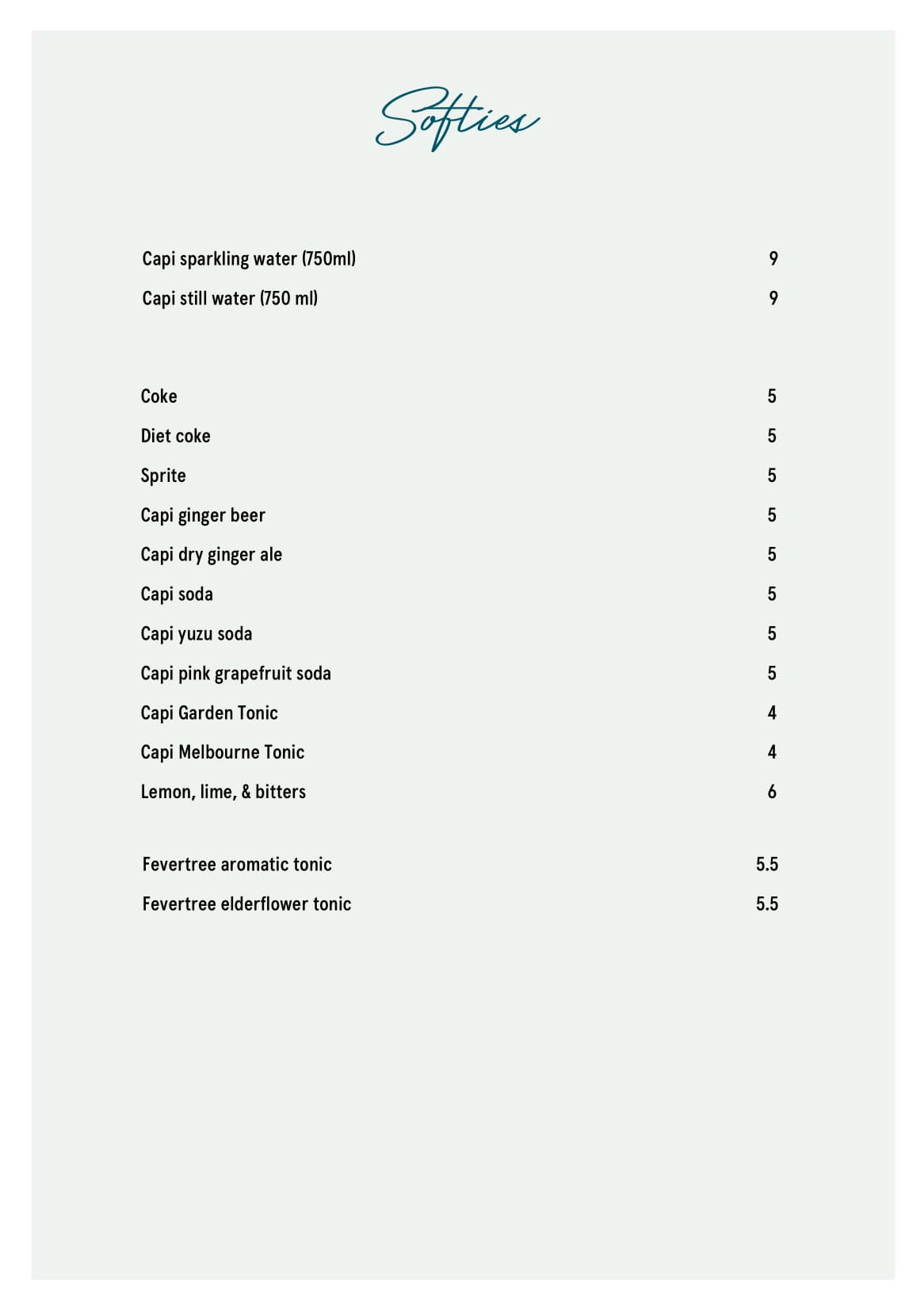 Drinks menu Bib & Tucker